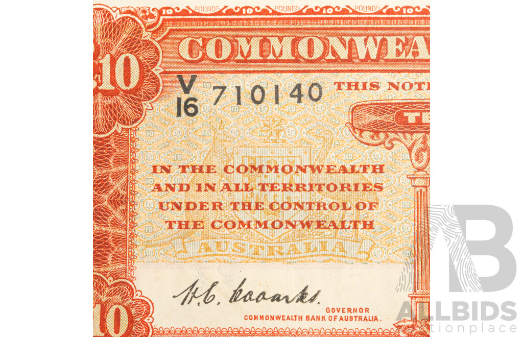 Australian 1949 Ten Pound Note, Coombs/Watt R60, V16 710140, High Grade
