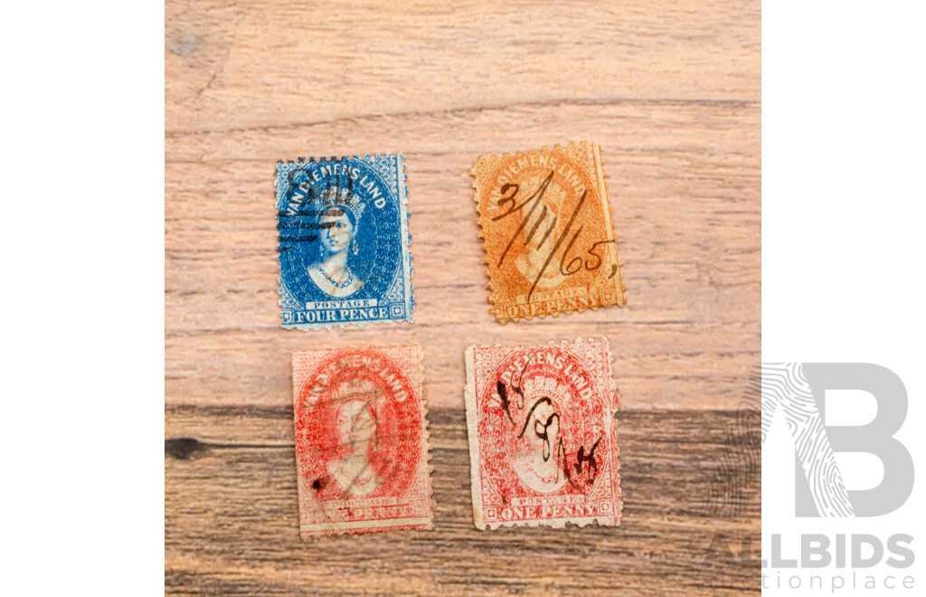 Four Australian 1864 Van Diemens Land Stamps, Queen Victoria One and Four Penny