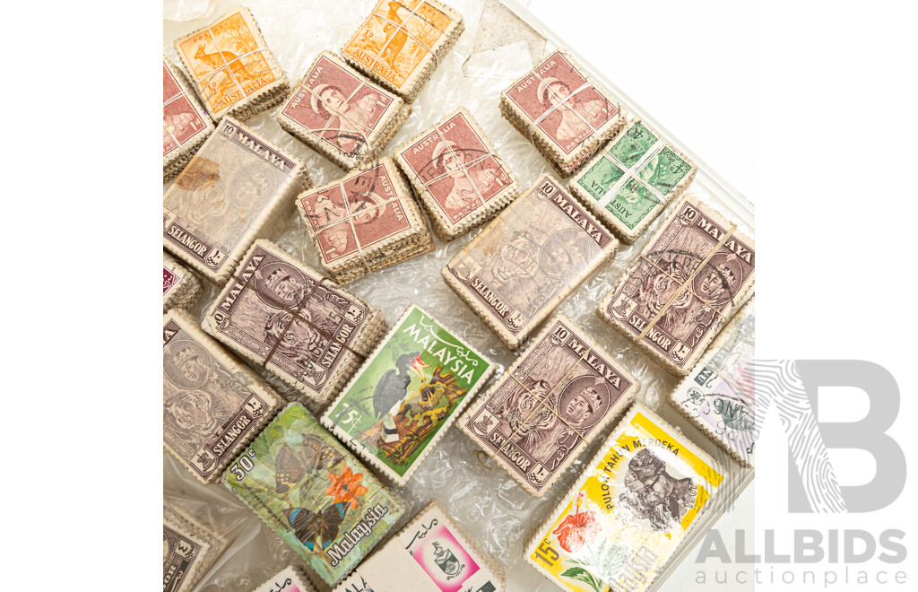Stacked Australian Predecimal/Decimal and Malaysian Cancelled Stamps, KGVI, QE2, Orange Kangaroo
