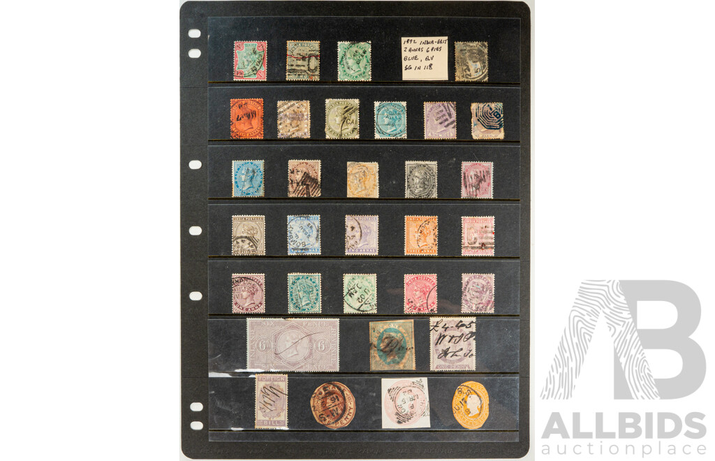 Collection of Antique India/Great Britain QV Stamps Including Surcharge, Overprints, Revenue, Stamp Duty, Foreign Bill, Company Registration, Contract and Receipt