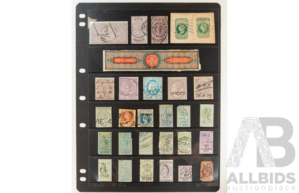 Collection of Antique India/Great Britain QV Stamps Including Surcharge, Overprints, Revenue, Stamp Duty, Foreign Bill, Company Registration, Contract and Receipt