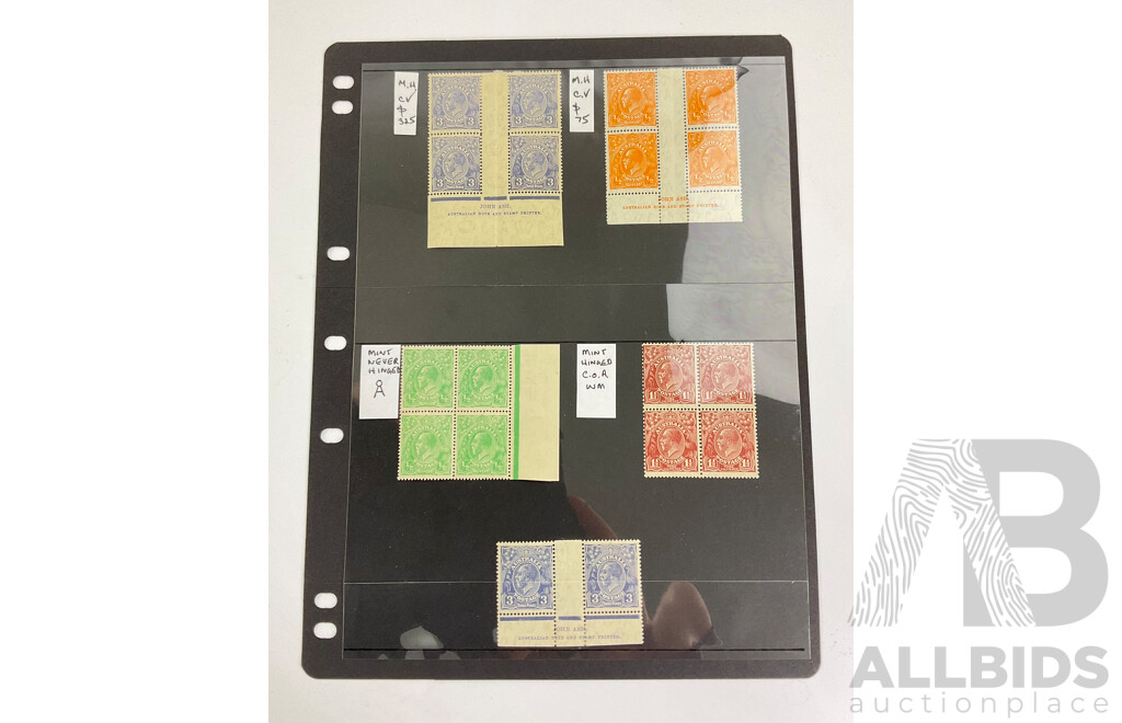 Australian KGV Head Mint Stamp Blocks and Pair, John Ash Prints, Various Water Marks