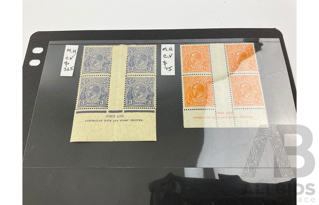 Australian KGV Head Mint Stamp Blocks and Pair, John Ash Prints, Various Water Marks