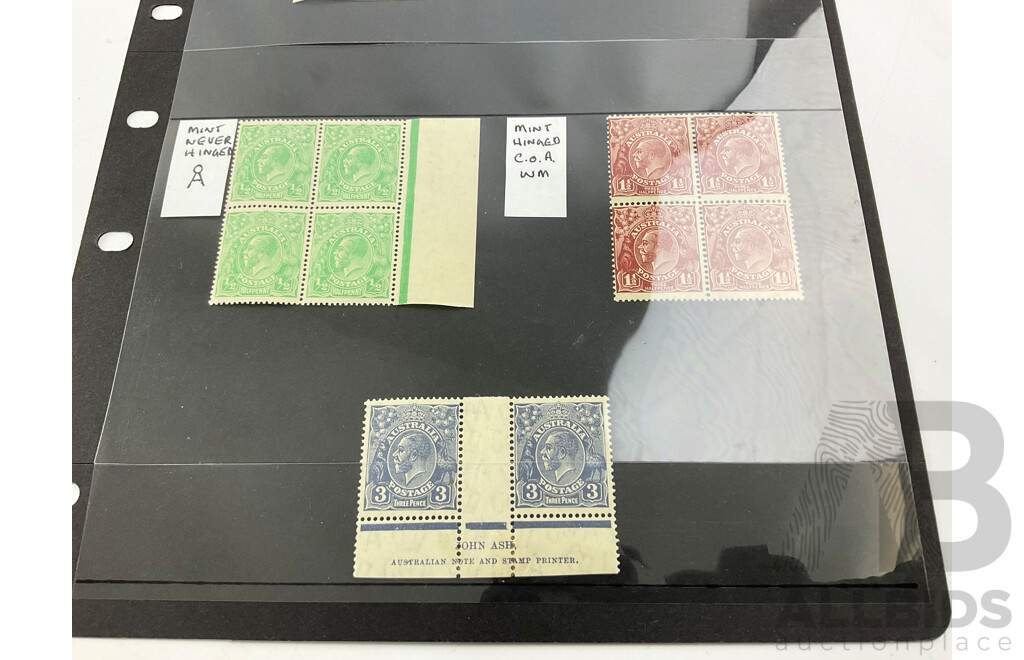 Australian KGV Head Mint Stamp Blocks and Pair, John Ash Prints, Various Water Marks