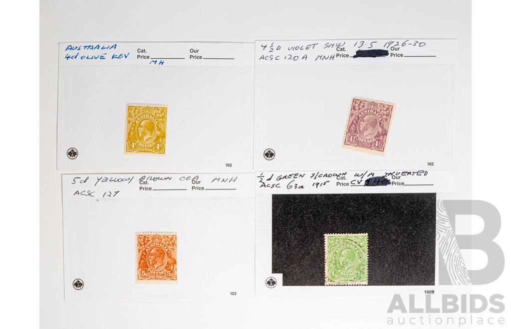 Australian 1920's KGV Head Mint/Cancelled Stamps, Half, Four, Four Half, Five Penny