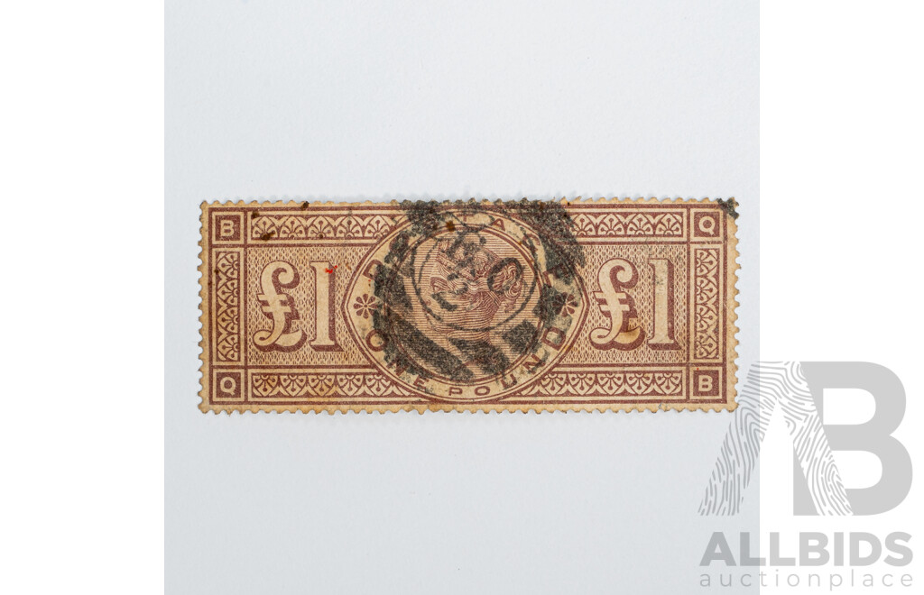 United Kingdom 1883-84 QV Cancelled One Pound Stamp, Three Imperial Crown Water Mark