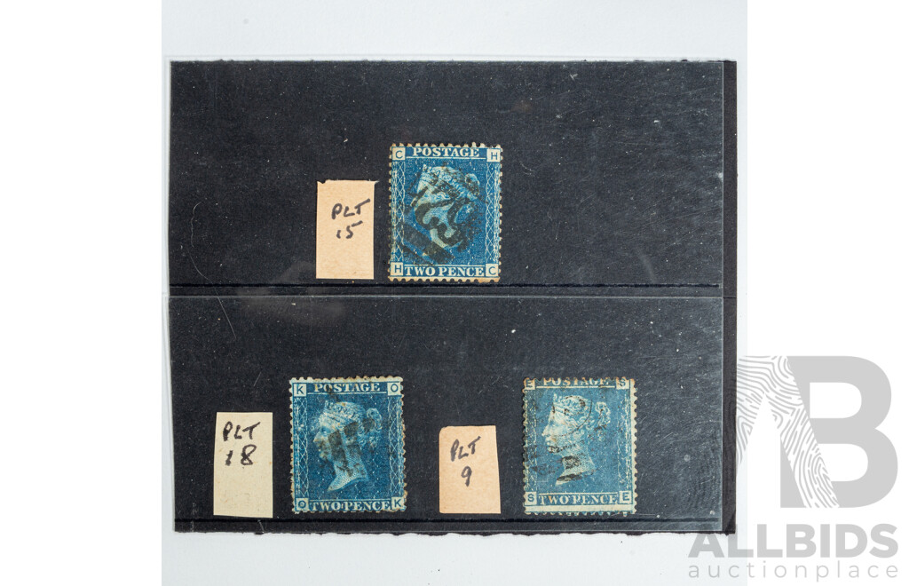 United Kingdom 1858 QV Two Penny Stamps, Plates 9 ,15, 18, Large Crown Water Marks