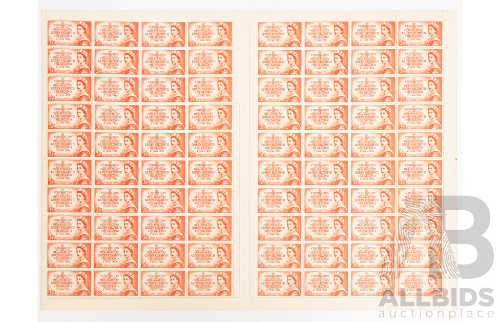 Australian 1953 Three and Half Penny Stamp Sheets, QE2 Coronation Scarlet