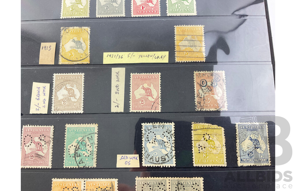 Collection of Australian Kangaroo on Map Stamps, Examples Spanning 1913 to 1936, Half Penny to Two Shillings, Official Service, Yellow/Grey, Various Water Marks