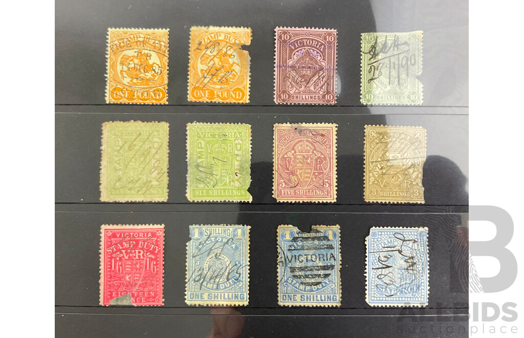 Collection of 1880's Victorian State Stamps, Victorian Rail, Stamp Duty, Sixpence to One Pound, Hand Cancel