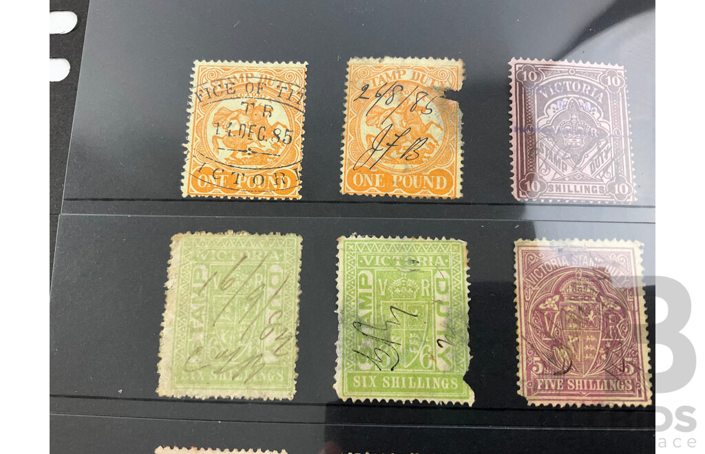 Collection of 1880's Victorian State Stamps, Victorian Rail, Stamp Duty, Sixpence to One Pound, Hand Cancel