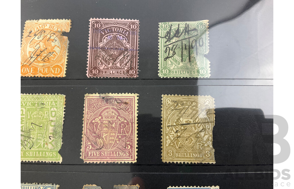 Collection of 1880's Victorian State Stamps, Victorian Rail, Stamp Duty, Sixpence to One Pound, Hand Cancel