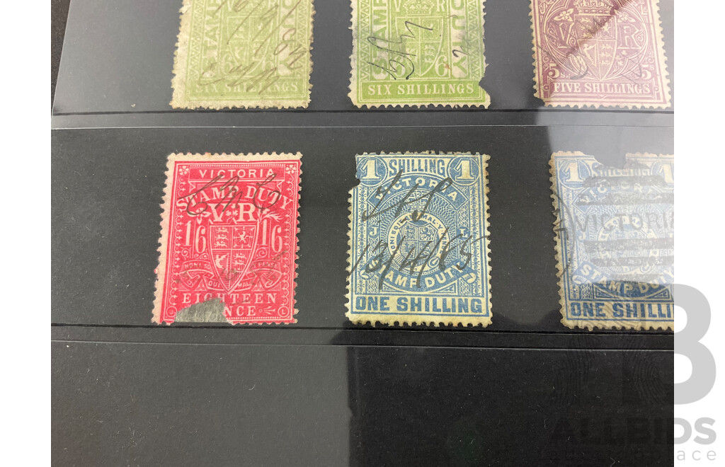 Collection of 1880's Victorian State Stamps, Victorian Rail, Stamp Duty, Sixpence to One Pound, Hand Cancel