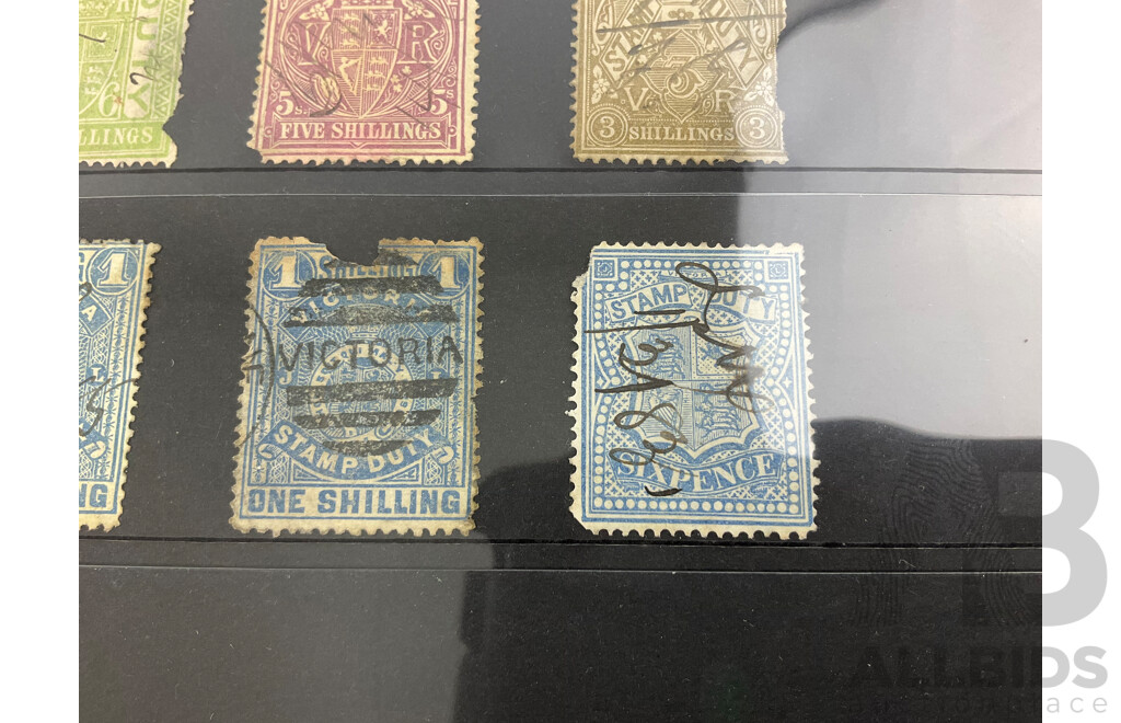 Collection of 1880's Victorian State Stamps, Victorian Rail, Stamp Duty, Sixpence to One Pound, Hand Cancel