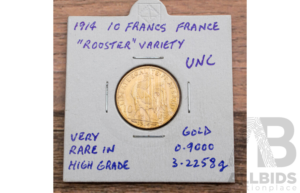 France 1914 UNC Gold Ten Francs Coin, Paris Mint Rooster Variety
