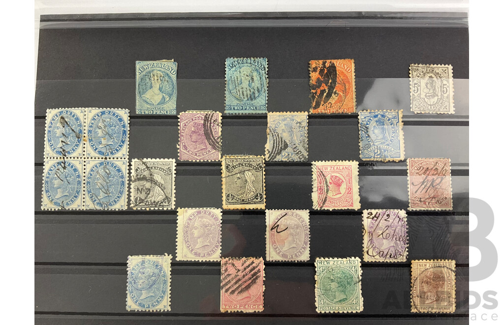 Collection of New Zealand 1860's QV Stamps, Imperf, Block of Four, Half Penny to One Shilling, Hand Cancels