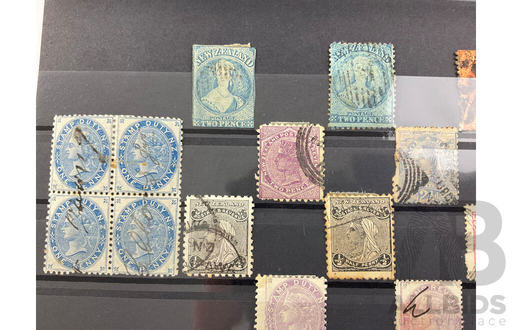 Collection of New Zealand 1860's QV Stamps, Imperf, Block of Four, Half Penny to One Shilling, Hand Cancels
