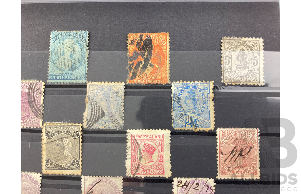 Collection of New Zealand 1860's QV Stamps, Imperf, Block of Four, Half Penny to One Shilling, Hand Cancels