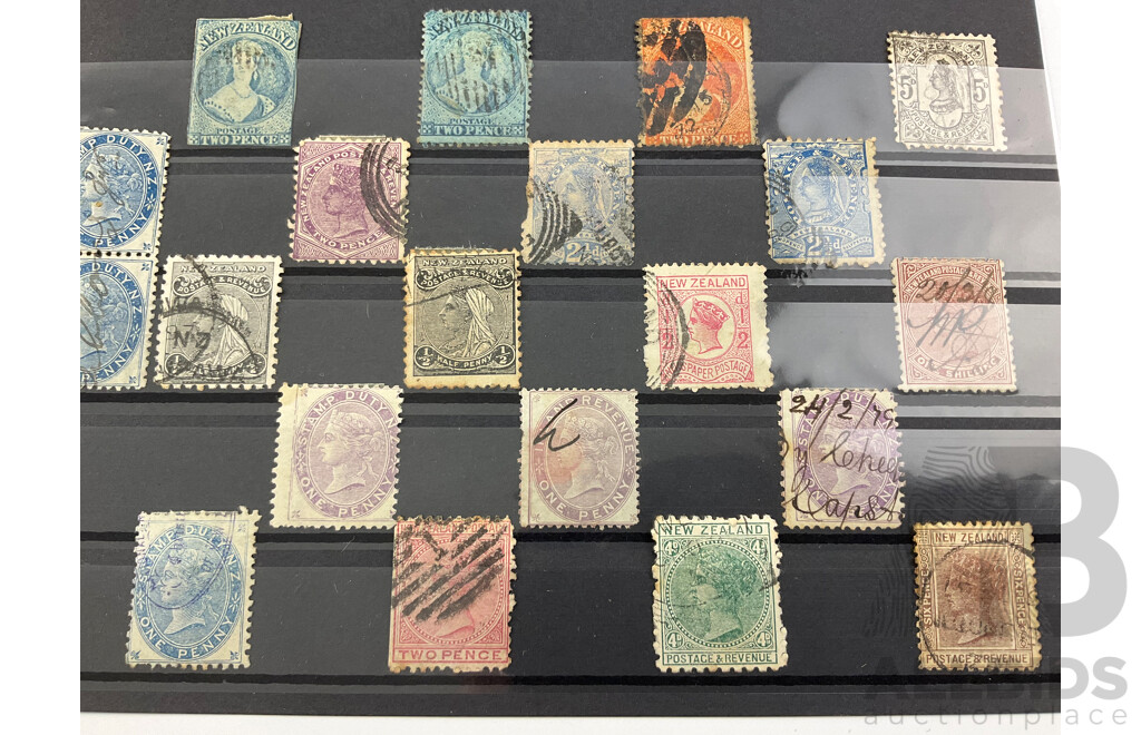 Collection of New Zealand 1860's QV Stamps, Imperf, Block of Four, Half Penny to One Shilling, Hand Cancels