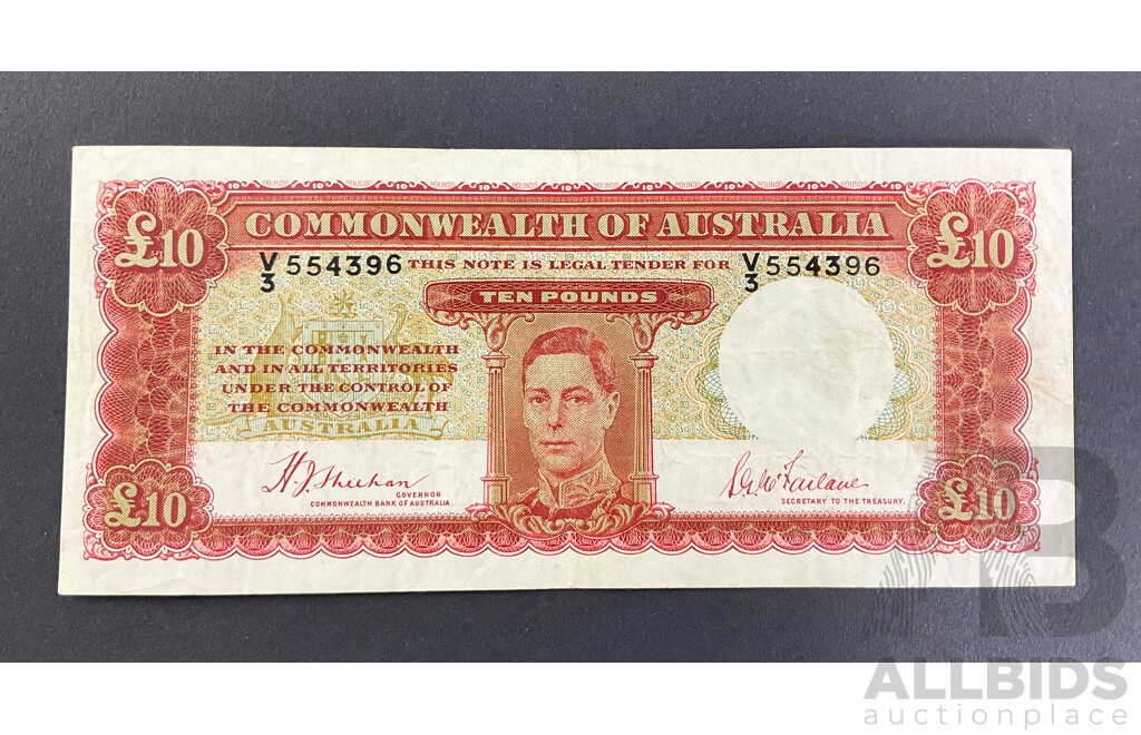 Australian 1940 Ten Pound Note, Sheehan/McFarlane, R58F First Prefix V3 554396, High Grade