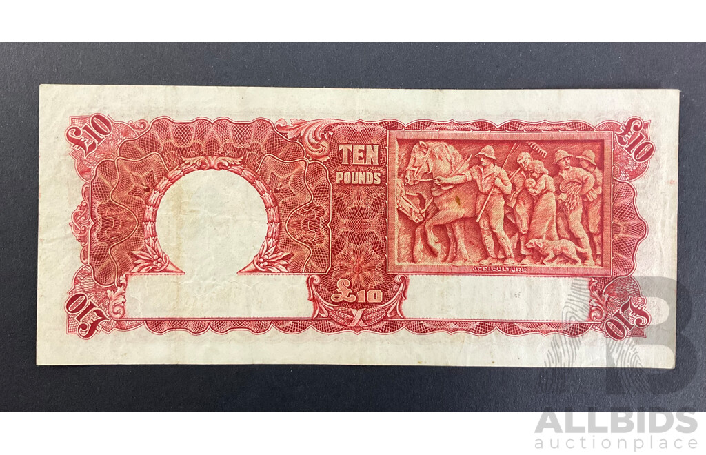 Australian 1940 Ten Pound Note, Sheehan/McFarlane, R58F First Prefix V3 554396, High Grade