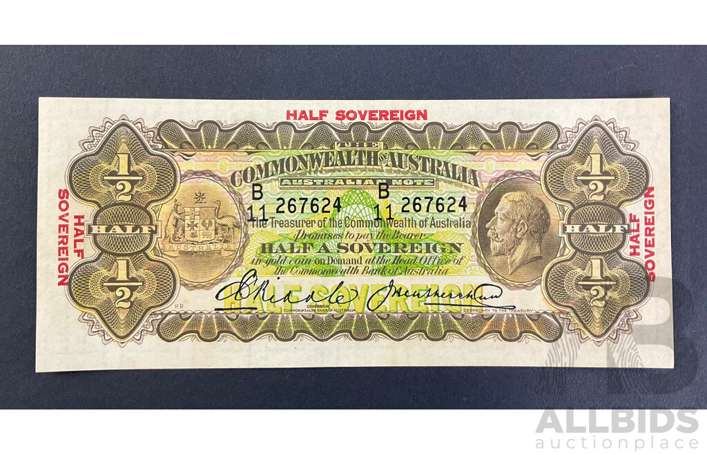 Rare Australian 1928 Half Soveriegn Note, Riddle/Heathershaw R07, B11 267624, Very High Grade