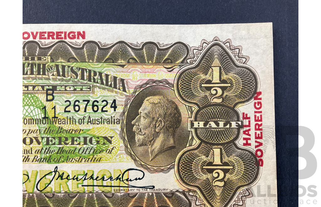 Rare Australian 1928 Half Soveriegn Note, Riddle/Heathershaw R07, B11 267624, Very High Grade