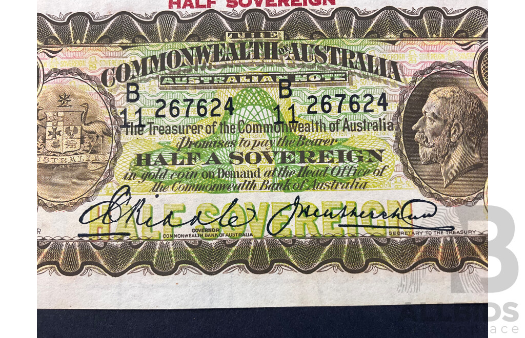 Rare Australian 1928 Half Soveriegn Note, Riddle/Heathershaw R07, B11 267624, Very High Grade