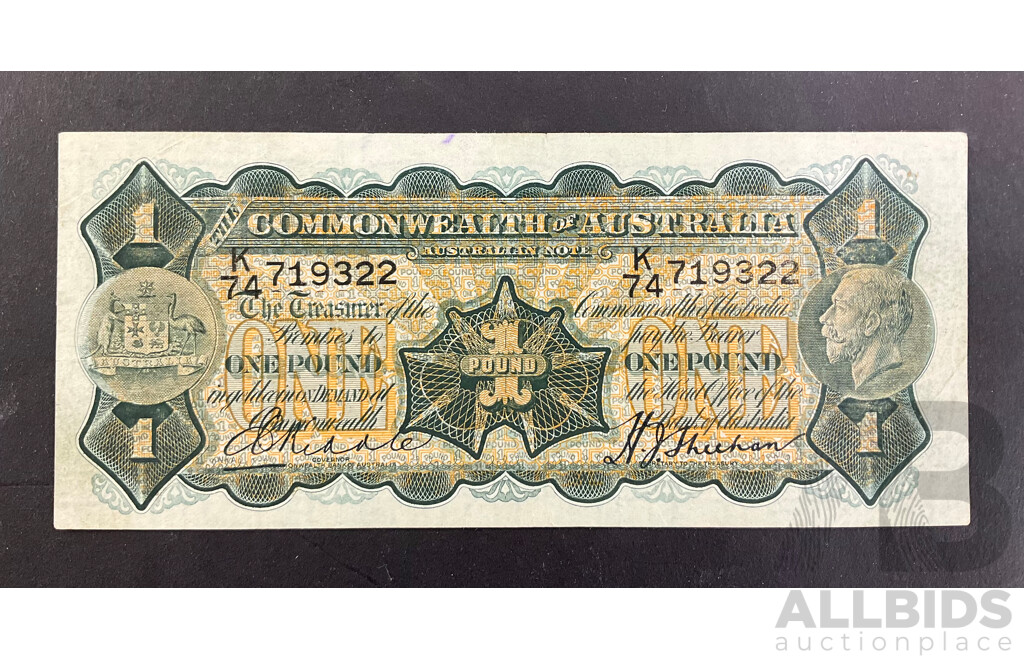 Australian 1932 One Pound Note, Riddle/Sheehan R27, K74 719322, High Grade