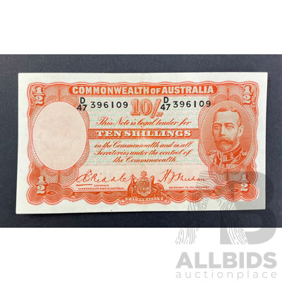 Australian 1936 Ten Shillings Note, Riddle/Sheehan R11, D 47 396109, High Grade
