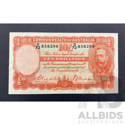 Australian 1936 Ten Shilling Note, Riddle/Sheehan R11, D72 858296, High Grade