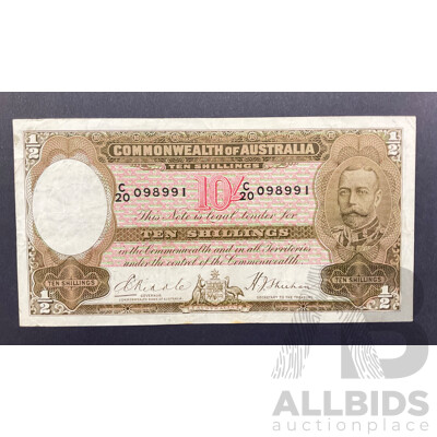 Australian 1933 Ten Shilling Note Riddle/Sheehan, R09L Last Prefix C20 098991