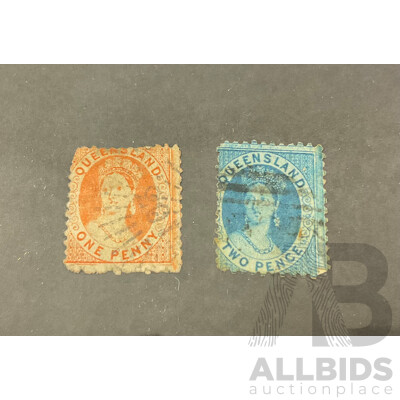 Australian Queensland 1860's QV Chalon Stamps, One and Two Penny