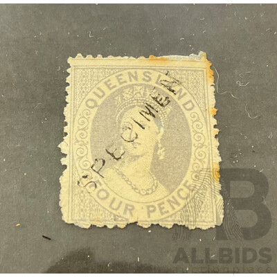 Australian Queensland 1860's QV Chalon Stamp, Grey Slate Specimen, Four Penny, Error Double Impression