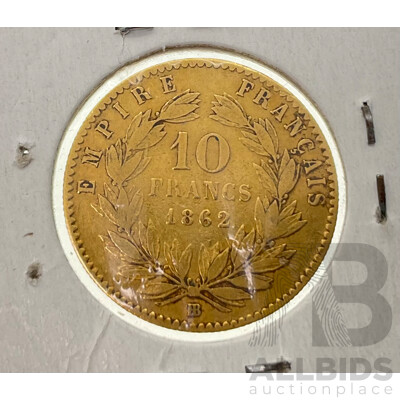 France 1862 Gold Ten Francs Coin, Napoleon III, Strasbourg Mint .900