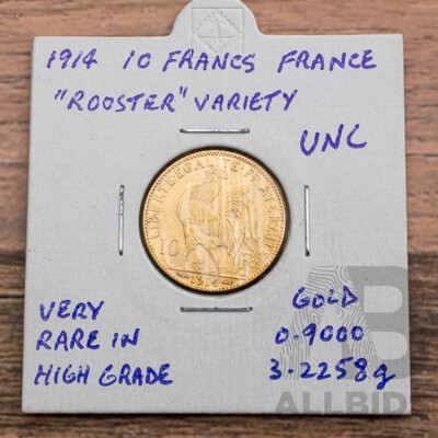France 1914 UNC Gold Ten Francs Coin, Paris Mint Rooster Variety