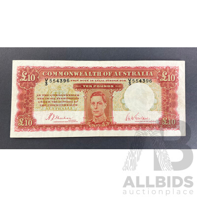 Australian 1940 Ten Pound Note, Sheehan/McFarlane, R58F First Prefix V3 554396, High Grade