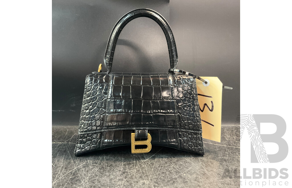 Women's Hourglass Small Croco Embossed Bag in Black with Gold Plague Branded BALENCIAGA
