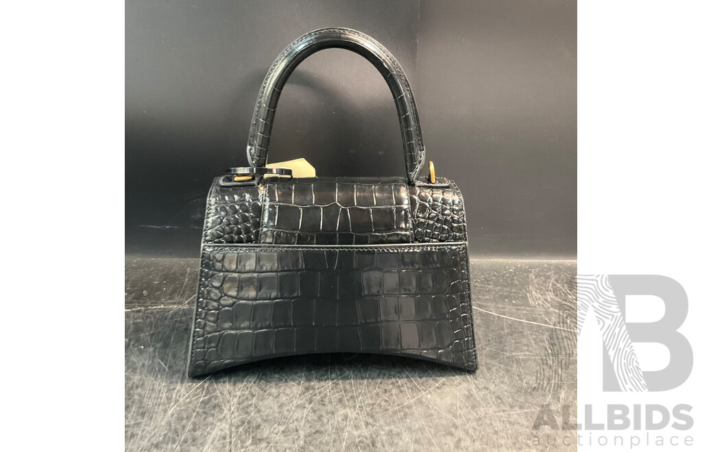 Women's Hourglass Small Croco Embossed Bag in Black with Gold Plague Branded BALENCIAGA