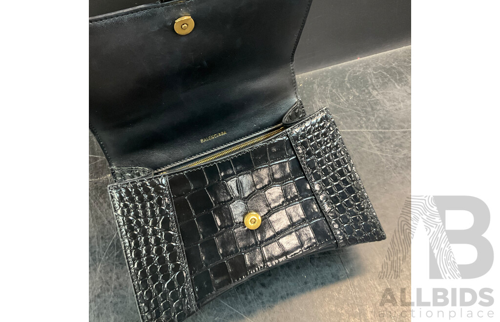 Women's Hourglass Small Croco Embossed Bag in Black with Gold Plague Branded BALENCIAGA