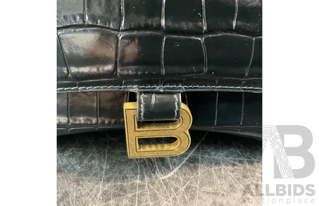 Women's Hourglass Small Croco Embossed Bag in Black with Gold Plague Branded BALENCIAGA