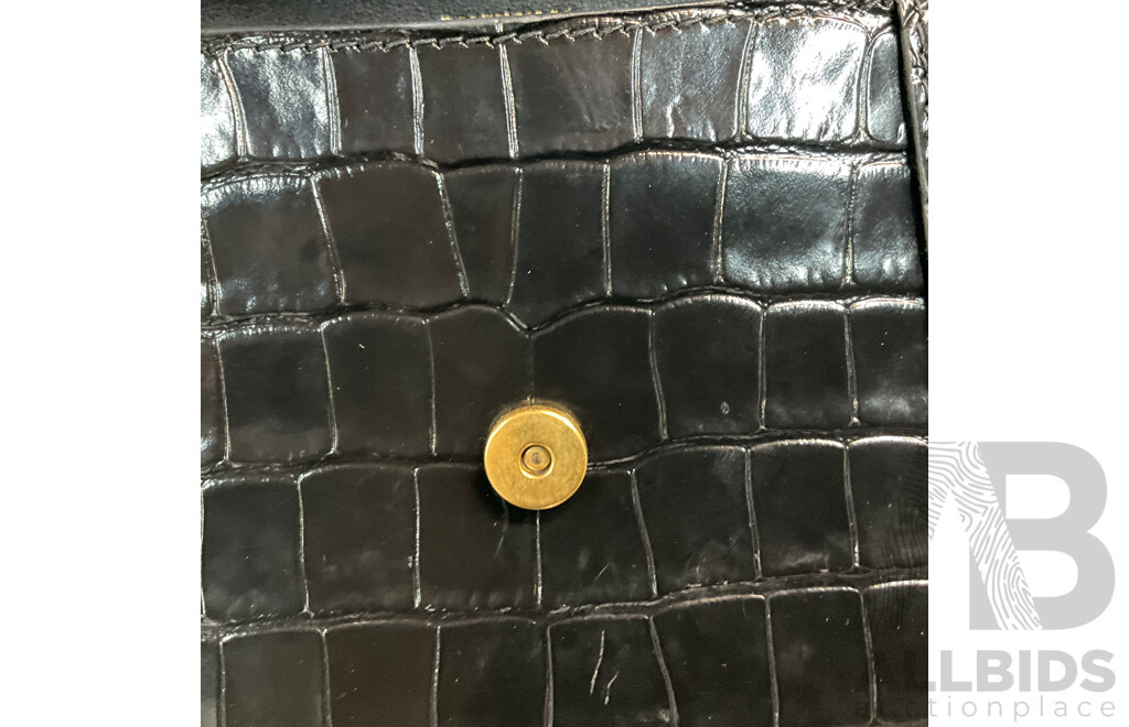 Women's Hourglass Small Croco Embossed Bag in Black with Gold Plague Branded BALENCIAGA