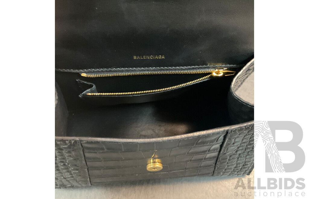 Women's Hourglass Small Croco Embossed Bag in Black with Gold Plague Branded BALENCIAGA