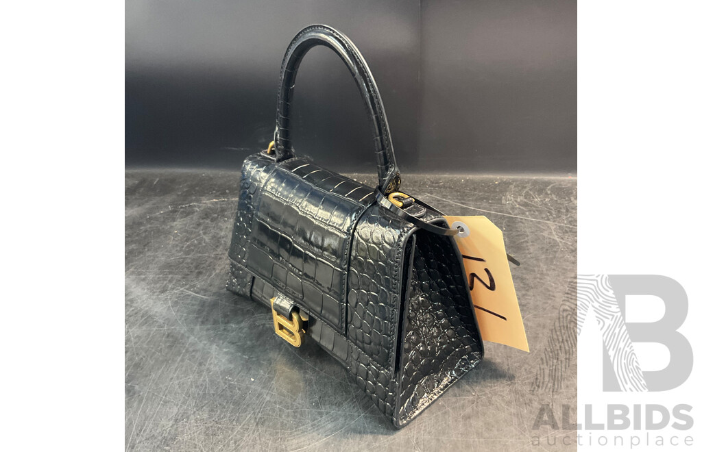 Women's Hourglass Small Croco Embossed Bag in Black with Gold Plague Branded BALENCIAGA