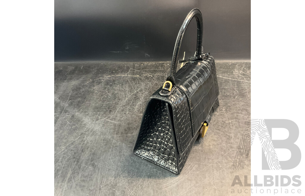Women's Hourglass Small Croco Embossed Bag in Black with Gold Plague Branded BALENCIAGA