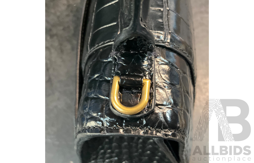 Women's Hourglass Small Croco Embossed Bag in Black with Gold Plague Branded BALENCIAGA