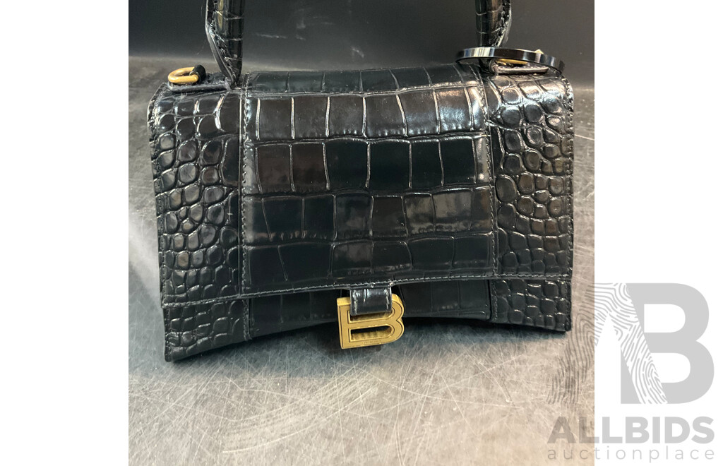 Women's Hourglass Small Croco Embossed Bag in Black with Gold Plague Branded BALENCIAGA