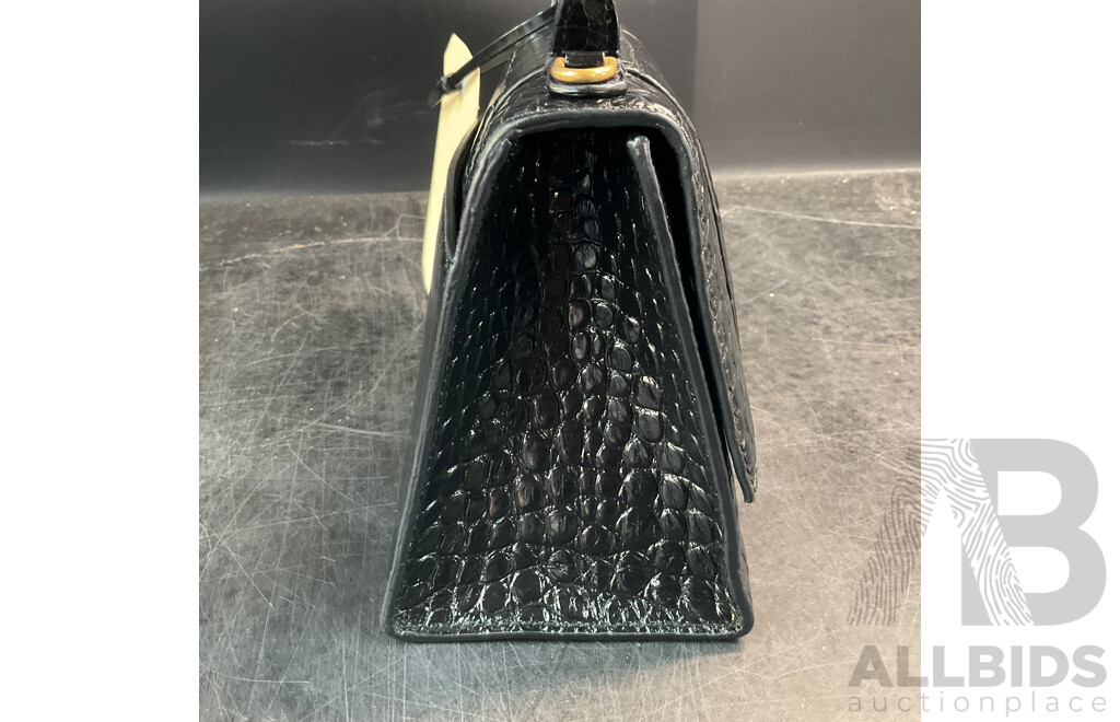 Women's Hourglass Small Croco Embossed Bag in Black with Gold Plague Branded BALENCIAGA