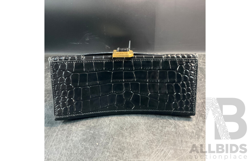 Women's Hourglass Small Croco Embossed Bag in Black with Gold Plague Branded BALENCIAGA