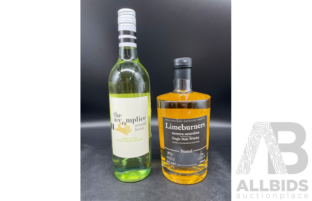 LIMEBURNES Single Malt Whisky 700ml and the Accomplice Sav Blanc 750ml - Lot of 2